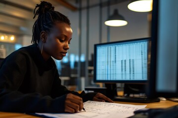 Young black professional woman analyzing marketing data, working with graphs and charts on computer screen in modern office