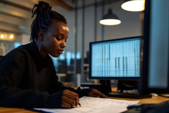 Young black professional woman analyzing marketing data, working with graphs and charts on computer screen in modern office