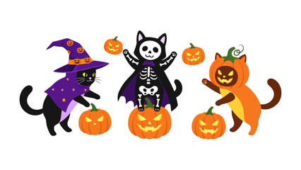 Feline Halloween Party: Three adorable cats in festive costumes and carved pumpkins set the scene for a playful and charming Halloween. 