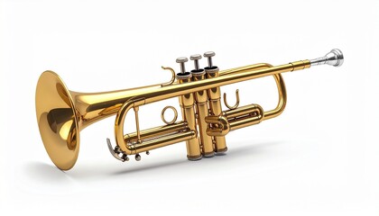 Obraz premium A shiny golden trumpet with valves and a mouthpiece on a white background.