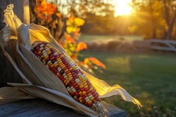 Vibrant multicolored ear of Indian corn rests against wooden surface with dry husk, glowing in warm autumn sunset light