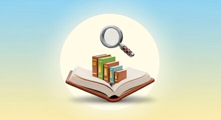 A magnifying glass hovering over a stack of books with a blue and yellow gradient background.