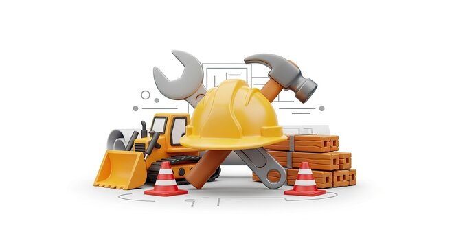 A construction helmet and tools on a white background with a construction site drawing in the background.