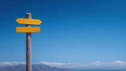 Bright yellow signpost stands against a clear blue sky near a beautiful ocean view in a coastal area Generative AI
