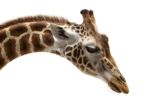 A giraffe animal isolated leans its head down.