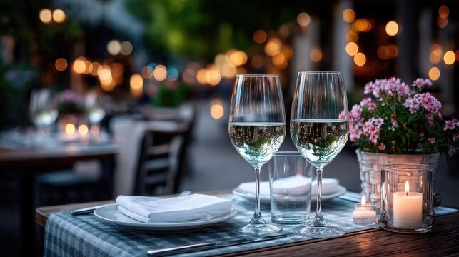 Elegant Restaurant Table Setting with Wine Glasses and Pink Flowers at Twilight - Powered by Adobe