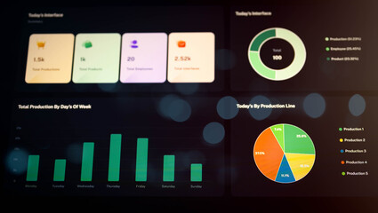 Abstract modern business dashboard UI with charts and infographics visualizing weekly production, performance, and productivity data. Great for digital strategy, data analysis, and enterprise use.