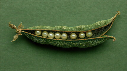 Textured green pea pod with delicate pearls nestled inside and a smooth background for artistic presentation Generative AI