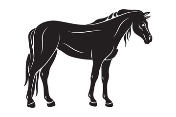 Standing horse or equine animal side view. Vector calm mammal. Nature and wildlife mustang. Equestrian stallion. Mare with mane and hoof, broodmare silhouette. Sport and race, athletic wildlife sign.