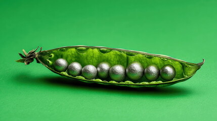 Unique green pea pod filled with metallic balls sits on a bright green background in a creative still life display Generative AI