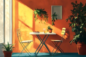 Cozy dining corner in warm orange and yellow hues, featuring a small table with chairs and lush green plants