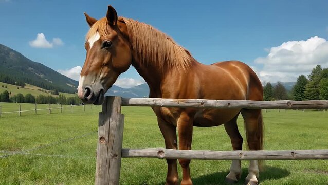 Chestnut equine in grassy field gnawing on timber fence rail, potentially stemming from ennui, irritation, or nutritional shortages