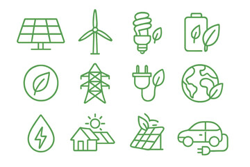 Green energy thin line icon set. Renewable power and electricity concept. Vector icons for web, app, infographics. Solar panel, wind turbine, electric car, eco friendly symbols.