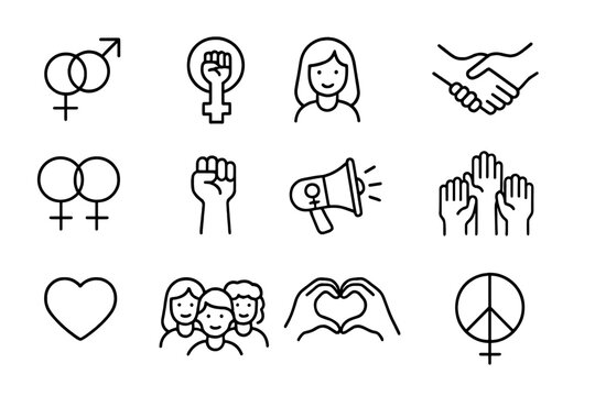 Feminism and gender equality line icon set. Vector symbols for women's rights, empowerment, solidarity, protest, love, and peace. Girl power, sisterhood, community icons.
