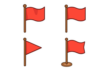 Red flag vector icon set. Symbol of warning, danger, problem, and alert. Waving pennant on a pole for location marker, map pin, or goal. Cartoon illustration collection.