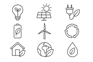 Green energy line icon set. Sustainable technology and renewable resources. Ecology, environment, and conservation symbols. Solar panel, wind turbine, recycling, and leaf icons.