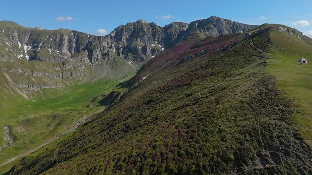 Majestic Tiganesti Ridge and Valley aerial view, Bucegi Mountains, with Tiganesti Refuge and hiking trail across blooming rhododendrons, framed by Tiganesti Towers, Scara Peak and Omu Peak, Romania