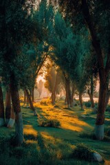 Fototapeta premium Pixelated Forest Path At Sunrise