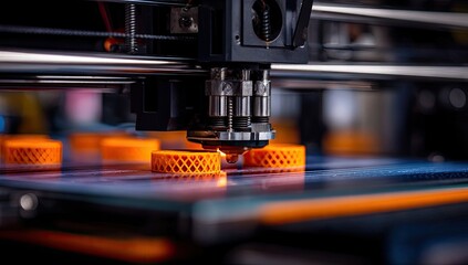 Fototapeta premium Close-up of 3D printer creating orange objects on blue plate. Technology in action