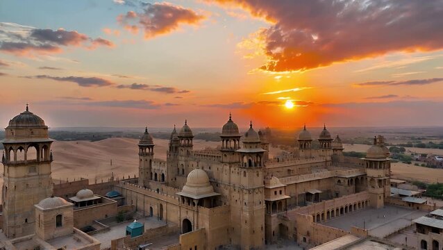 Panoramic Vista Of Historical Desert Fortification During The Dusk Hour In Arid Region