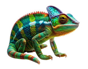 Colorful Chameleon Side Profile with Curled Tail, Isolated on White Background