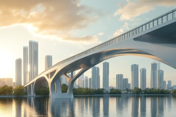 Fototapeta premium Contemporary arcing bridge design crossing a calm river or lake, reflecting a backdrop of urban architecture and tall buildings