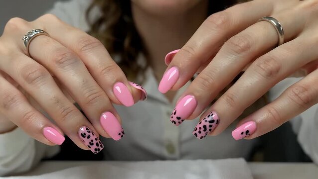 Elegant feminine human hand exhibiting professional manicure with polished nails painted in pink hue featuring distinctive leopard spot pattern design