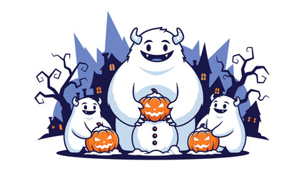 Spooky Snowman Family : Charming illustration depicts a snow family amidst a Halloween-themed backdrop of a haunted house and leafless trees. Capturing the essence of spooky season with fun!