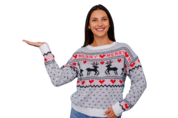 Young woman confidently presenting text or product for christmas holidays on transparent background