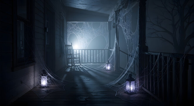 Spooky, cobweb-covered hallway in a haunted house