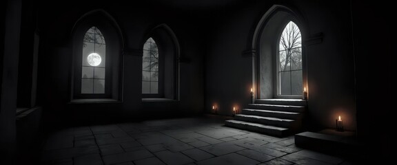 Fototapeta premium A dark room with three windows and a set of stairs.