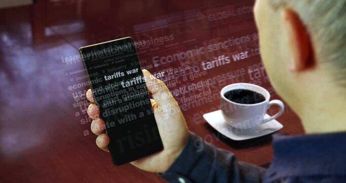 Tariffs war and import taxes articles is reading the on smartphone. Man read headline news across international media. Abstract concept of news titles on phone in hand.