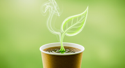 A conceptual image of a green sprout emerging from a coffee cup, symbolizing growth and sustainability.