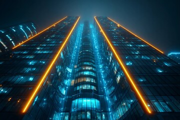 Neon Glow Reflects off Sleek Skyscrapers in a Vibrant Urban Night Scene Generative AI
