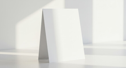 Fototapeta premium A minimalist, sunlit interior scene featuring a blank white card standing upright against a wall, casting a soft shadow.