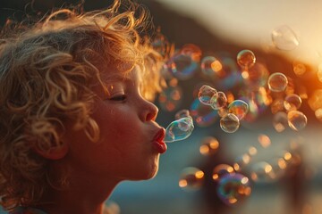 Child Smiles While Blowing Soap Bubbles at Sunset During Warm Summer Evening Generative AI