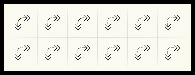Arrow icon set. Different direction arrows, direction, navigation, right curved, forward, upward, upward, turn right and more.