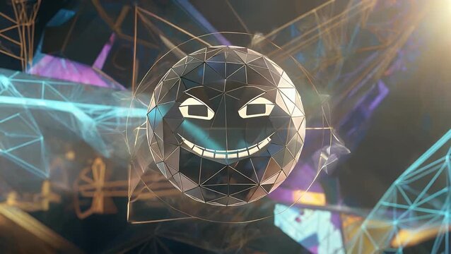 spherical object adorned with simple graphic representation of happy facial expression, depicted through basic angular forms and situated within unconventional and unexpected environment