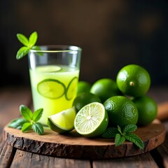 A glass of mojito with limes and mint