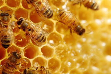 Bees work on golden honeycomb creating sweet honey.