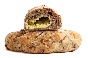 Cranberry sourdough with cheese filling isolated on white background.
