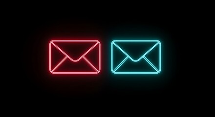 Neon Email Icons Red and Blue Communication Concept Against Black Background