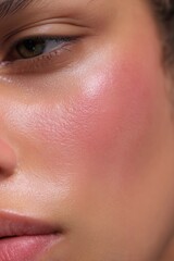 Fototapeta premium Detailed close up portrait of young woman with glowing blush and radiant smooth skin, ideal for skincare, cosmetics, beauty, wellness, editorial, lifestyle and advertising projects.