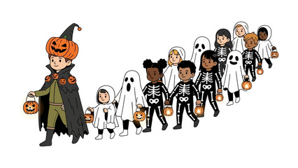 Halloween Parade: Adorable children in creative costumes parade together, carrying lanterns, illuminating a scene of Halloween merriment and youthful excitement. 