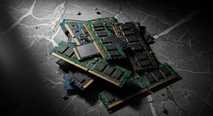 Old RAM modules piled on fractured surface. Discarded memory chips show damage and wear, revealing obsolete computer technology.