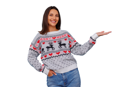 Woman in christmas sweater presenting empty hand, showing holiday cheer and offering copy space, transparent background - Powered by Adobe
