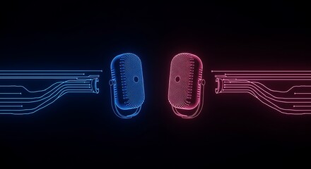 Podcast studio with glowing microphones and connecting lines in vibrant neon colors