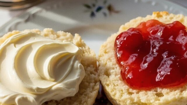 Close up of scones with cream and jam on a plate in bright sunlight