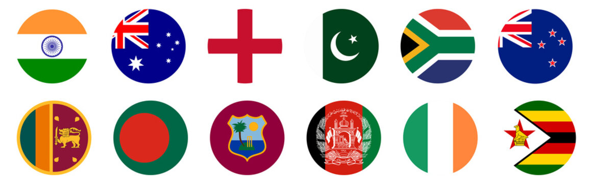 World cricket teams full ICC members set, 12 national flags buttons: India, Australia, England, Pakistan, South Africa, New Zealand, Sri Lanka, Bangladesh,West Indies,Afghanistan,Ireland, Zimbabwe PNG