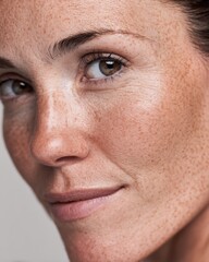 Fototapeta premium Studio portrait of mature woman with freckles and radiant skin glow, perfect for beauty, skincare, wellness, lifestyle, dermatology, advertising and editorial projects.